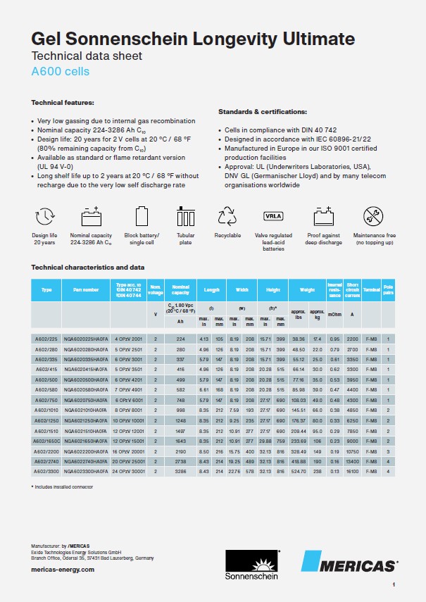 Sonnenschein Longevity Ultimate A600 cells, gel technology made by Exide Technologies the inventor of gel technology