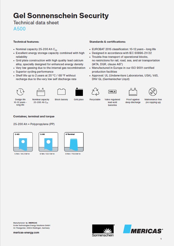 Sonnenschein Security A500 Batteries, gel technology made by exide technologies inventor of gel batteries