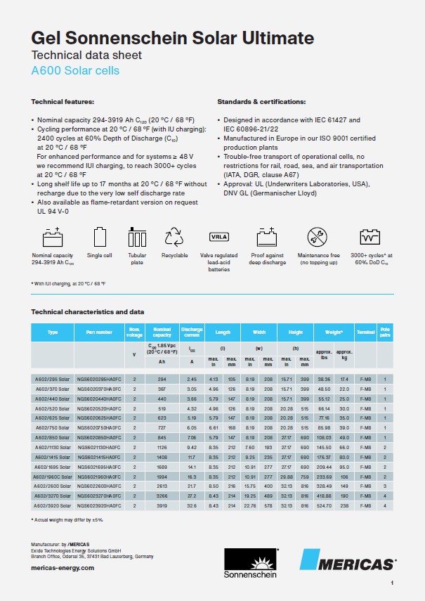 Sonnenschein Solar Ultimate A600 cells, gel technology made by Exide Technologies the inventor of gel technology